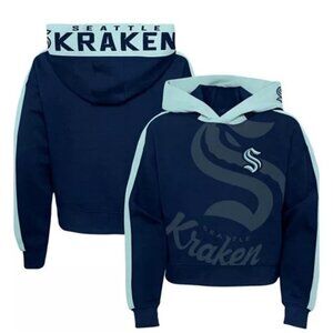 Girls Medium 10/12 Seattle Kraken Navy Long Sleeve Pullover Cropped Hoodie NWT